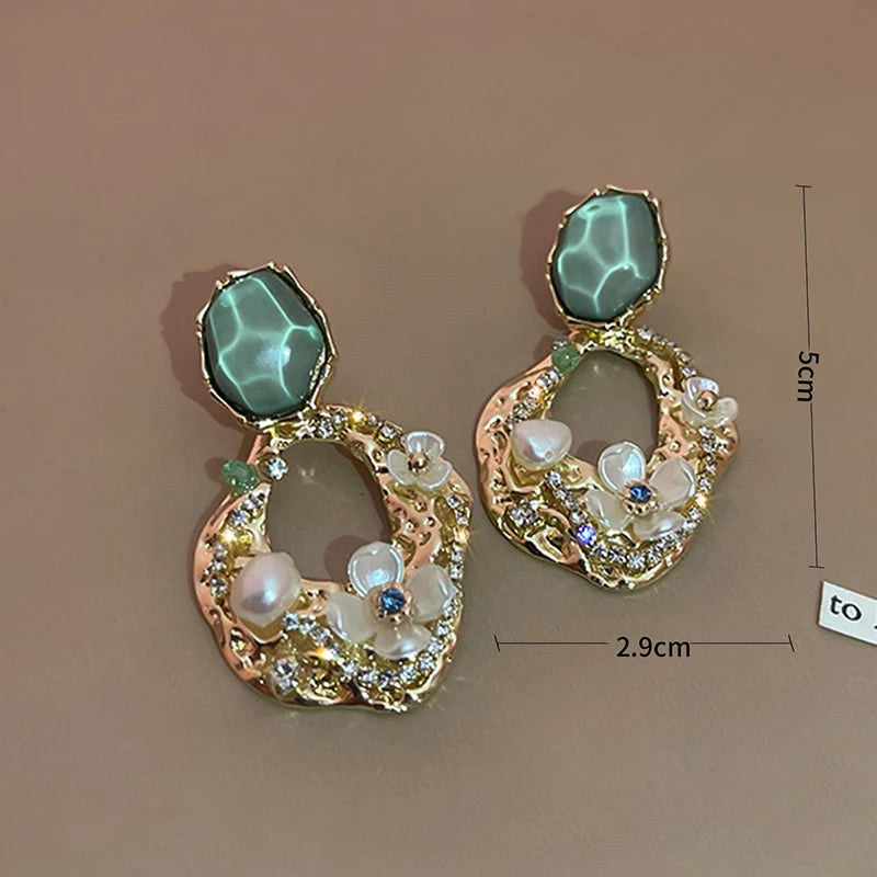 Aesthetic Zircon Flower Hanging Earrings for Women Gold Color Big Drop Women's Earrings Party Trending Jewelry Gift