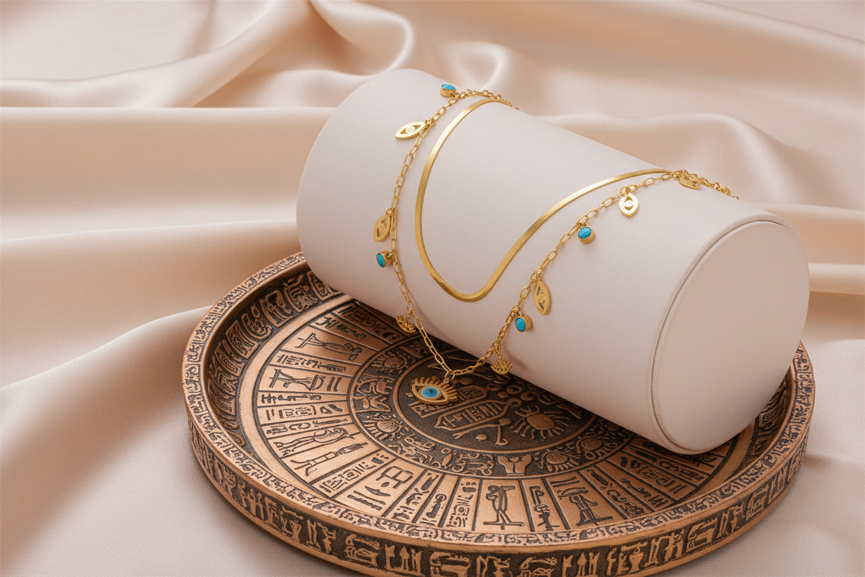 Cleopatra Inspired Titanium Steel Blue Eye Pendant Necklace | Gold | Women