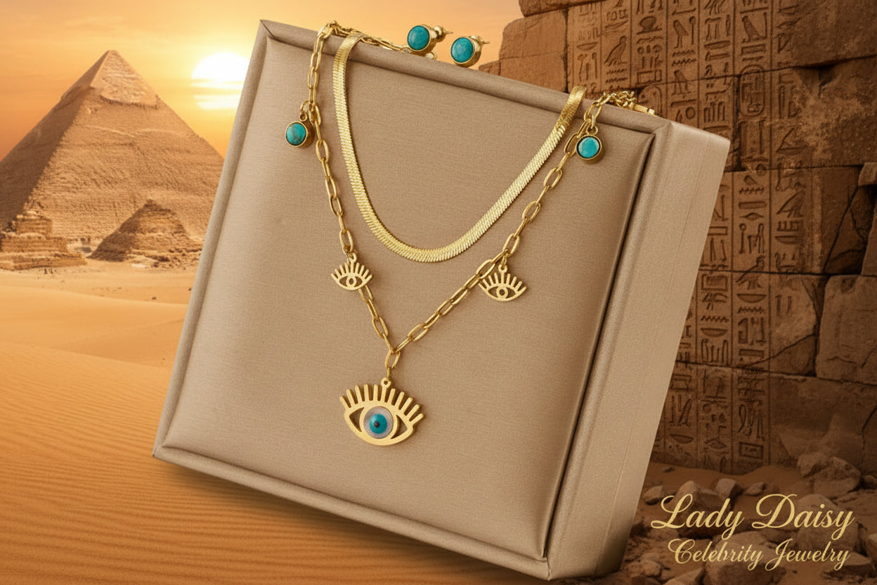 Cleopatra Inspired Titanium Steel Blue Eye Pendant Necklace | Gold | Women