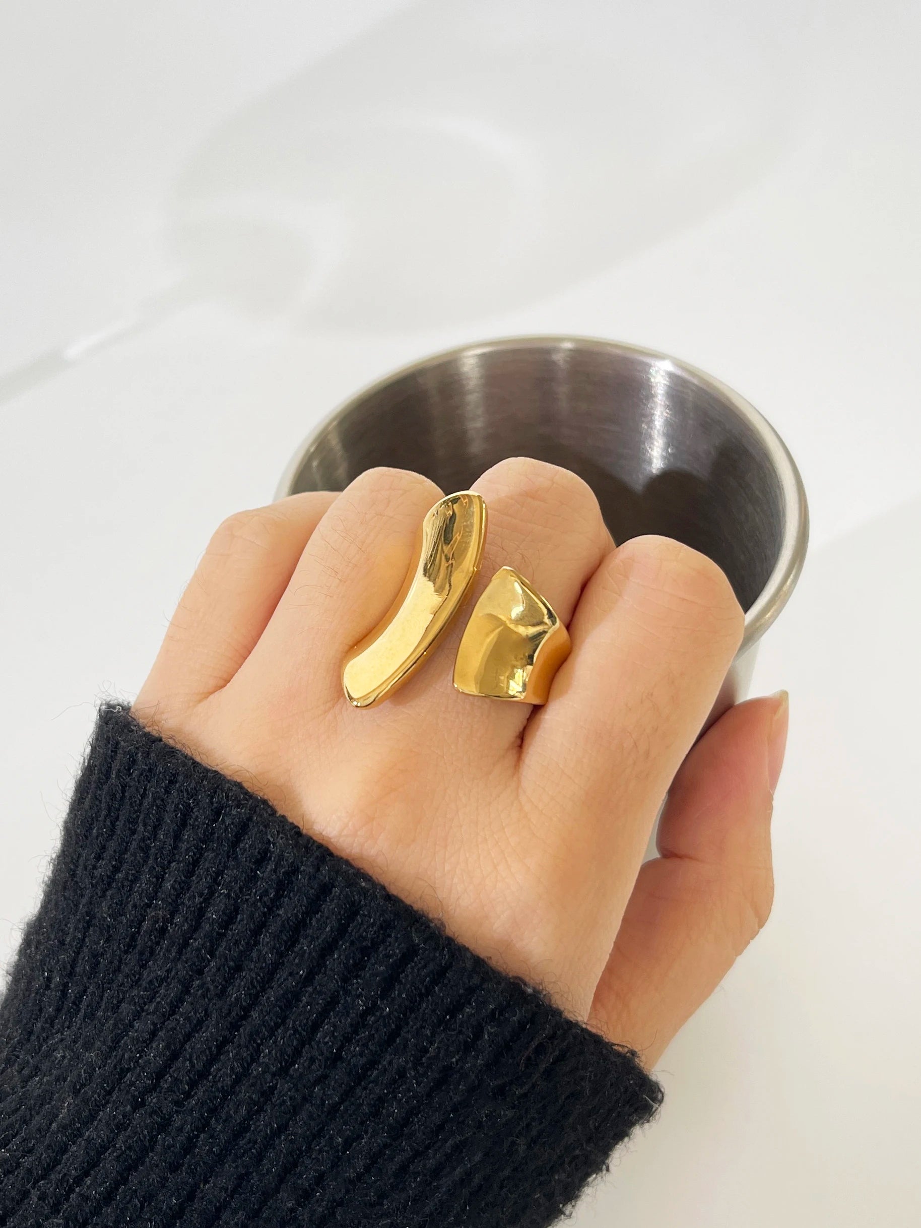 Geometric Gold Plated Irregular Wide Open Ring for Lady Stainless Steel Non-Tarnish Chunky Statement Rings Jewelry