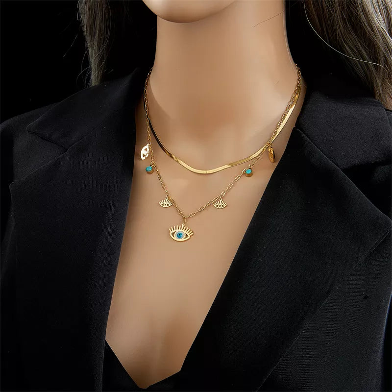 Cleopatra Inspired Titanium Steel Blue Eye Pendant Necklace | Gold | Women