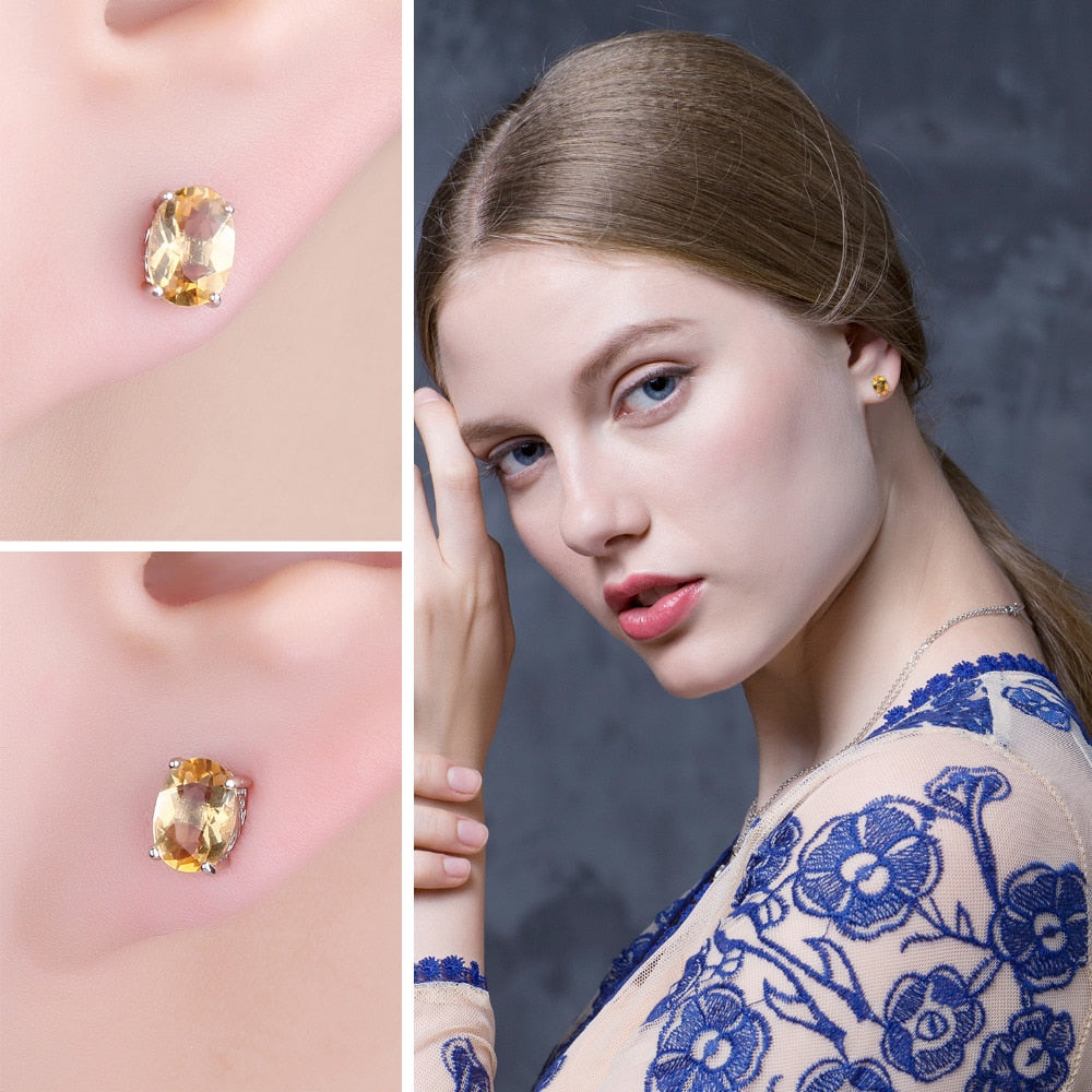 Natural Citrine Birthstone Stud Earrings Solid 925 Sterling Silver Earrings Fine Jewelry