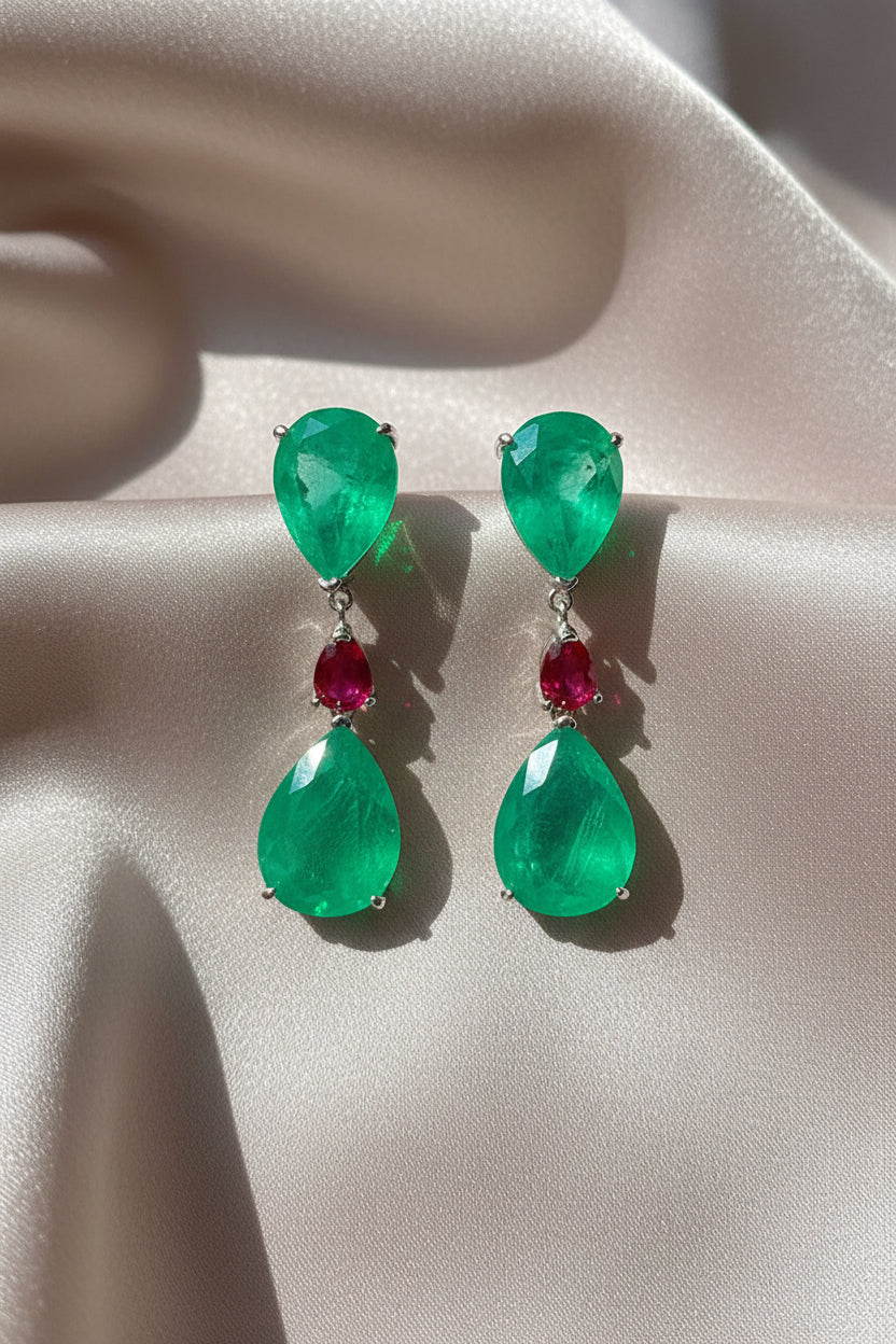 Celebrity inspired Jewelry Vintage Paraiba Tourmaline Emerald and Ruby color Lab grown Gemstone Drop Big Earrings for Women Wedding Earrings Fine Jewelry Accessories Gift