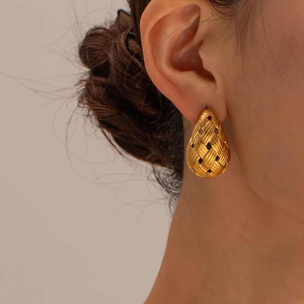 Stainless Steel Woven Texture Water Drop Earring Gold Color Hollow Chunky Vintage Daily Fashion Jewelry for Women New In
