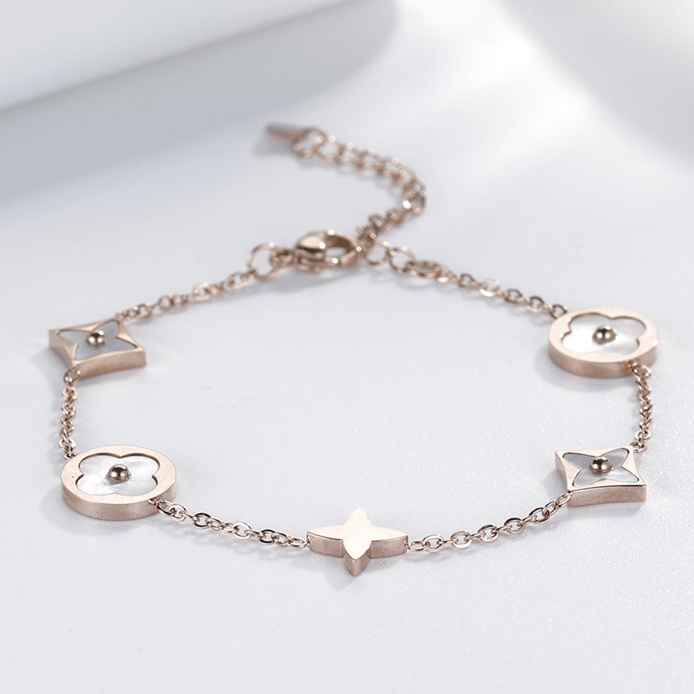 Fashion Trend Four-Leaf Flower-Shaped Shell Stitching Pendant Bracelet Rose Gold Thin Chain Titanium Steel Jewelry