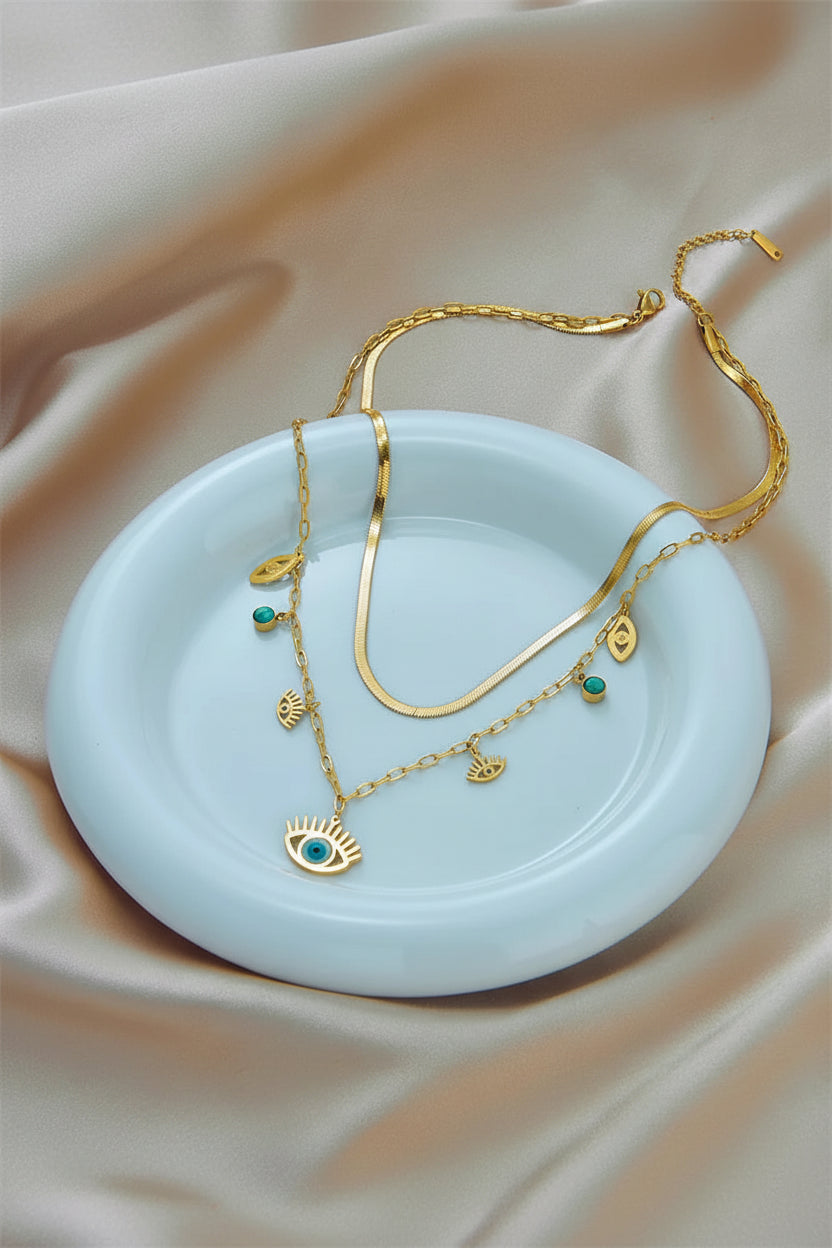 Cleopatra Inspired Titanium Steel Blue Eye Pendant Necklace | Gold | Women