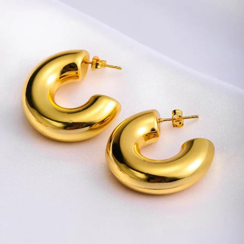 Chunky Gold Hoop Earrings - Viral TikTok Trend Statement Hoops | Glossy C-Shape Stacked Earrings