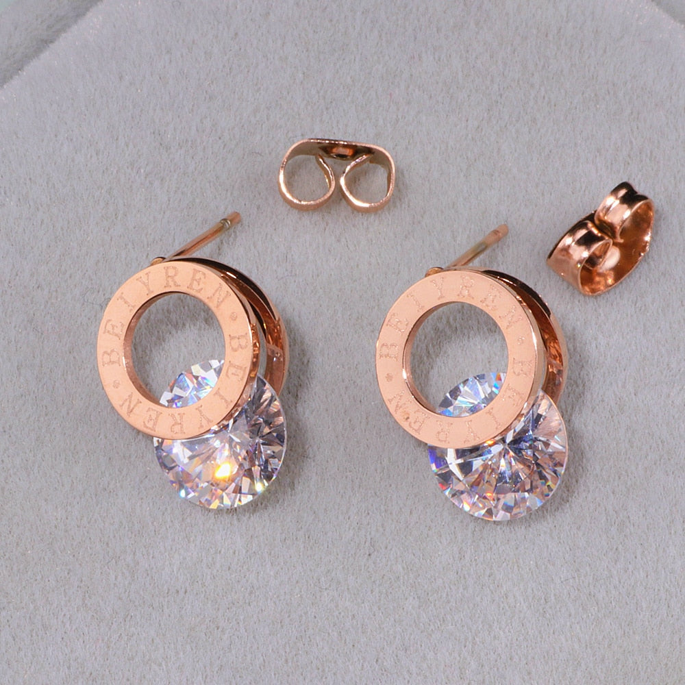 Trendy Shine AAA Zirconia Rose Gold-Color 316L Stainless Steel Stud Earrings Brincos For Women Fashion Jewelry Never Fade WX028
