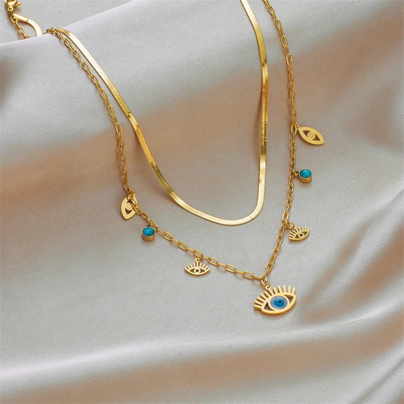 Cleopatra Inspired Titanium Steel Blue Eye Pendant Necklace | Gold | Women