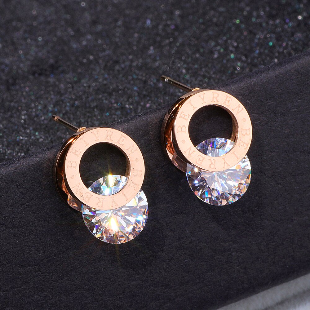 Trendy Shine AAA Zirconia Rose Gold-Color 316L Stainless Steel Stud Earrings Brincos For Women Fashion Jewelry Never Fade WX028
