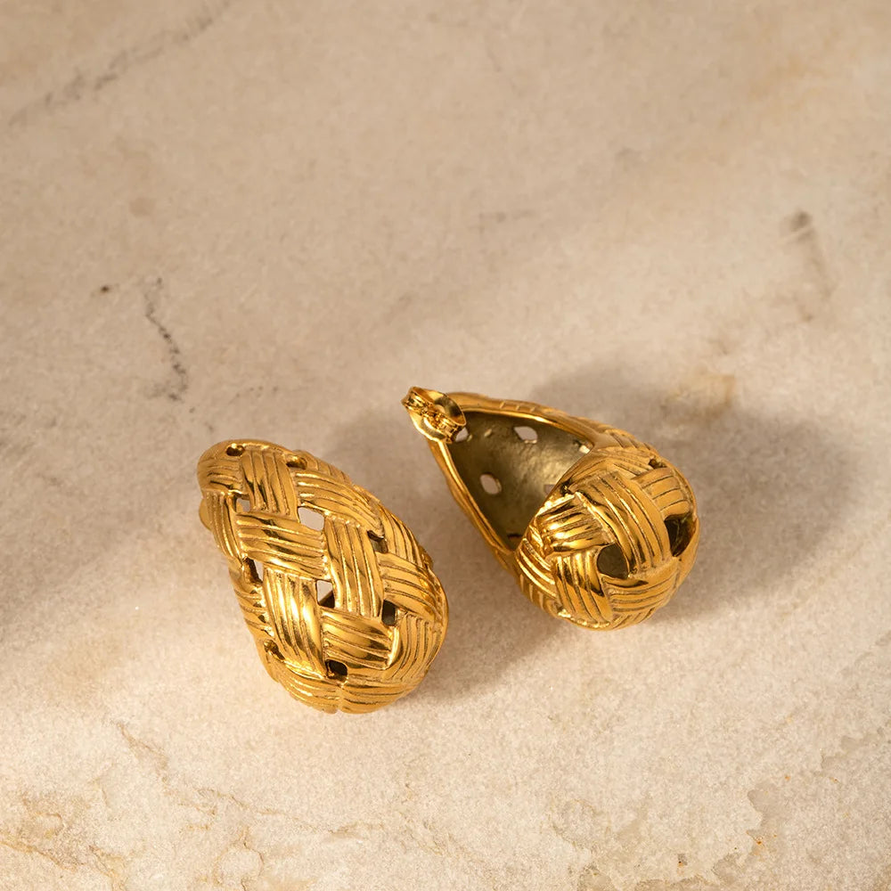 Stainless Steel Woven Texture Water Drop Earring Gold Color Hollow Chunky Vintage Daily Fashion Jewelry for Women New In