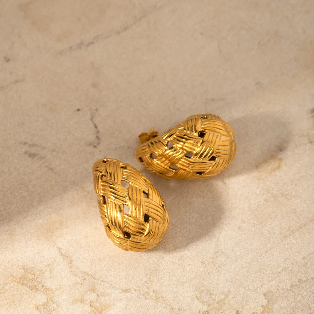 Stainless Steel Woven Texture Water Drop Earring Gold Color Hollow Chunky Vintage Daily Fashion Jewelry for Women New In