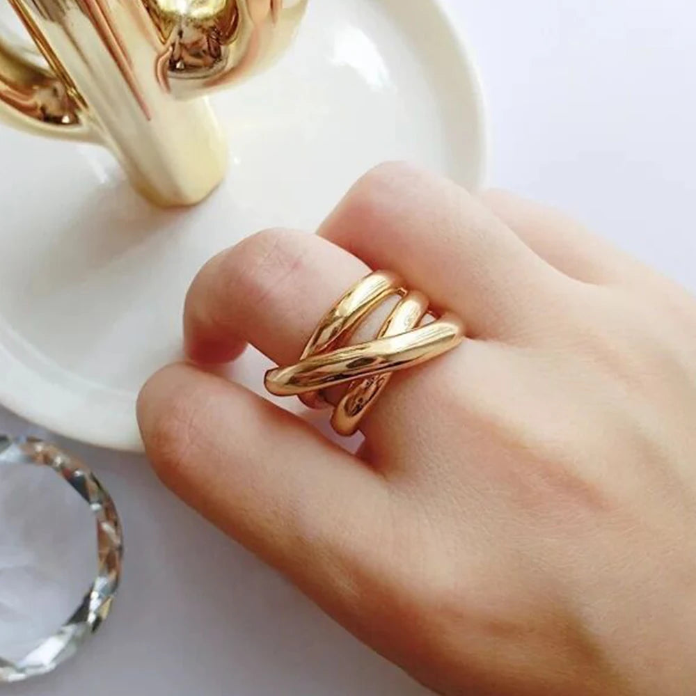 Geometric Newest Stainless Steel Wide Ring for Women Cross Multilayer Party Fine Jewelry Classic Gift Ring for Wedding Simple Jewelry