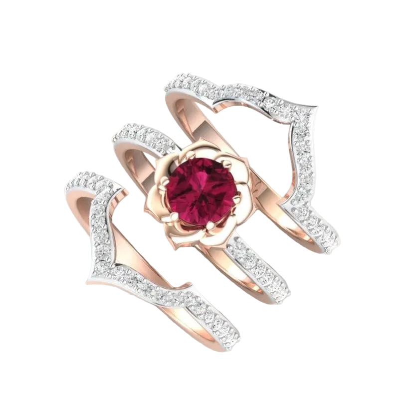 FDLK  3Pcs/Set Exquisite Rose Gold Flower Ring Anniversary Proposal Jewelry Women Engagement Wedding Band Ring Set