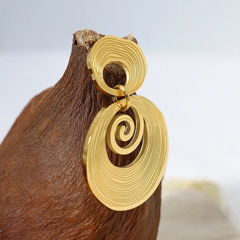 Fashion  Stainless Steel Gold Color Round Drop Dangle Earrings For Women Girl Hollow Geometric Ear Piercing Jewelry Party