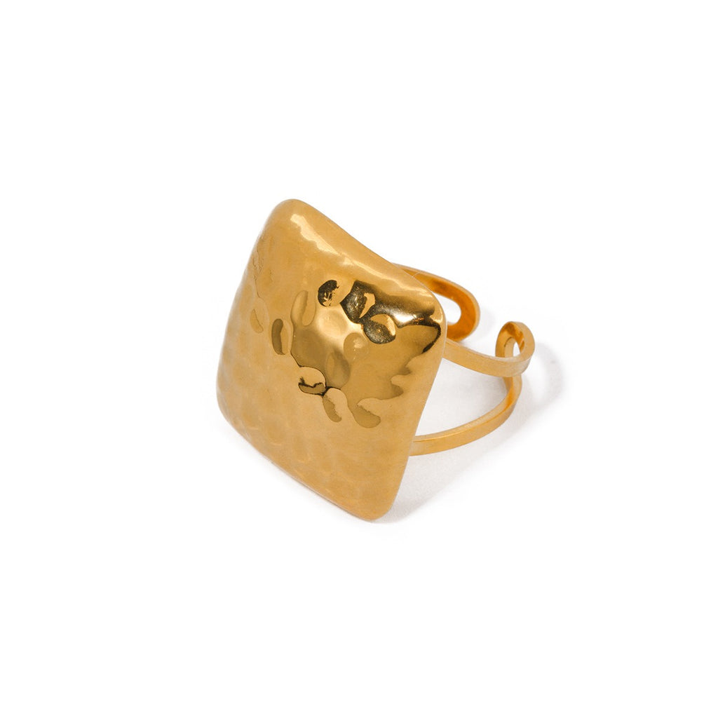Stainless steel hammer patterned square open ring for women's hand jewelry