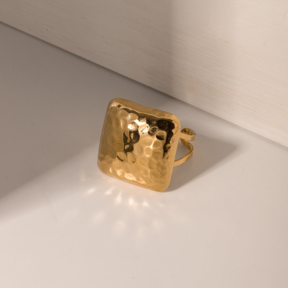 Stainless steel hammer patterned square open ring for women's hand jewelry