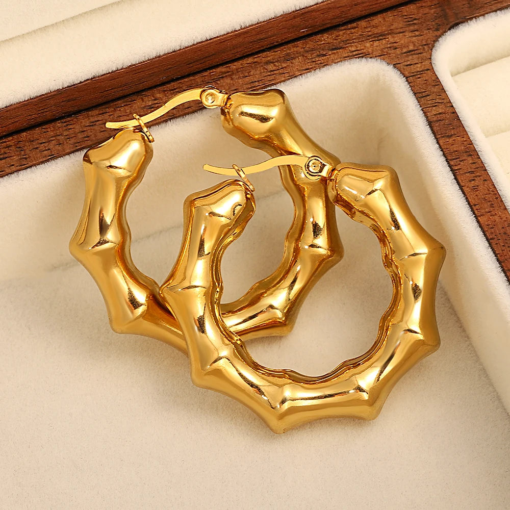 Charm Bamboo Stainless Steel Hoop Earrings for Women Unique Design Chunky Thick Gold Color Hoops Ear Jewelry Gift