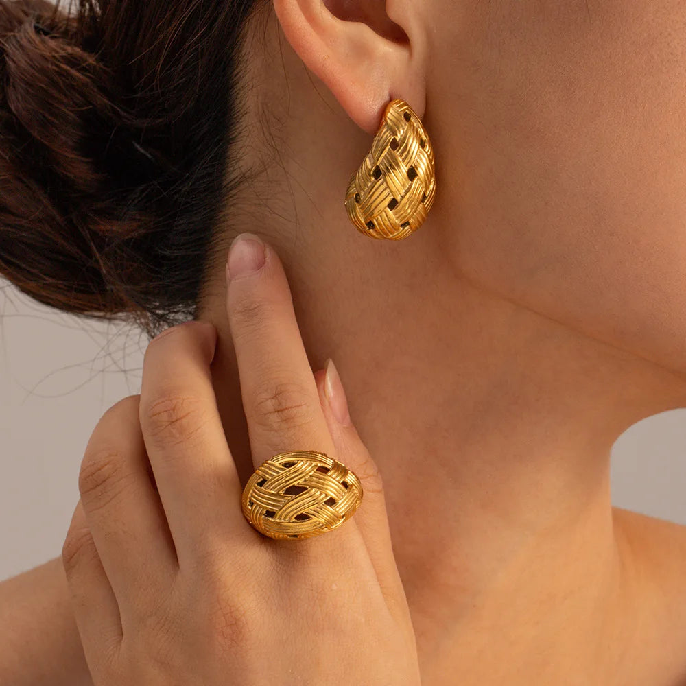 Stainless Steel Woven Texture Water Drop Earring Gold Color Hollow Chunky Vintage Daily Fashion Jewelry for Women New In