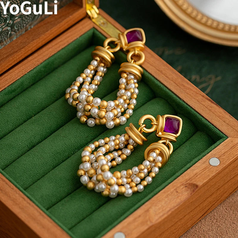 Jewelry Senior Sense Purple Resin Simulated Pearl Bead Tassel Earrings For Women Accessories Gifts