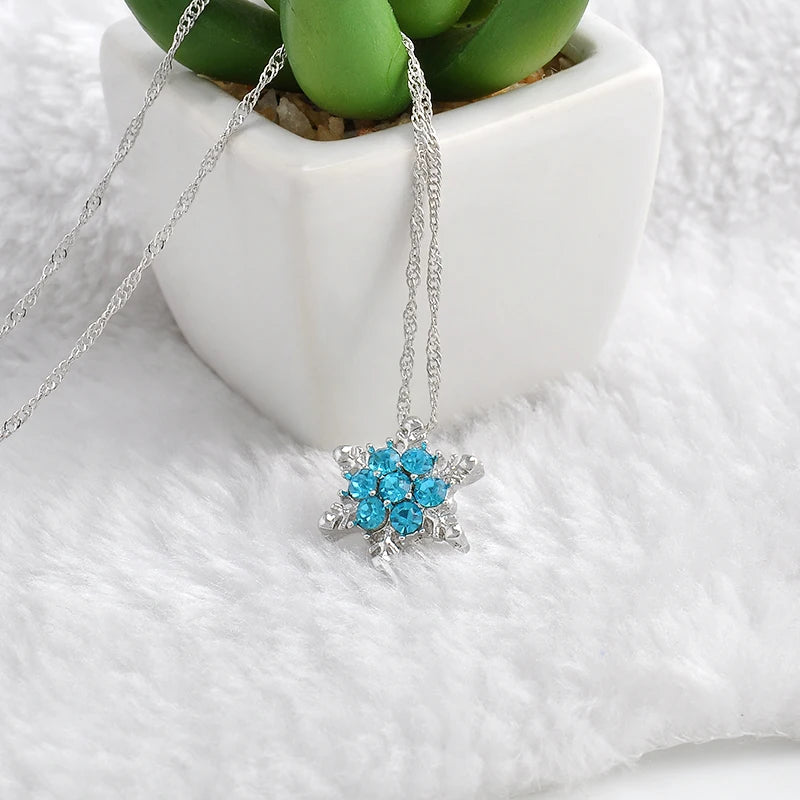 Charm Vintage lady Blue Crystal Snowflake Zircon Flower Silver Necklaces & Pendants Jewelry gift for Women girls Wholesale