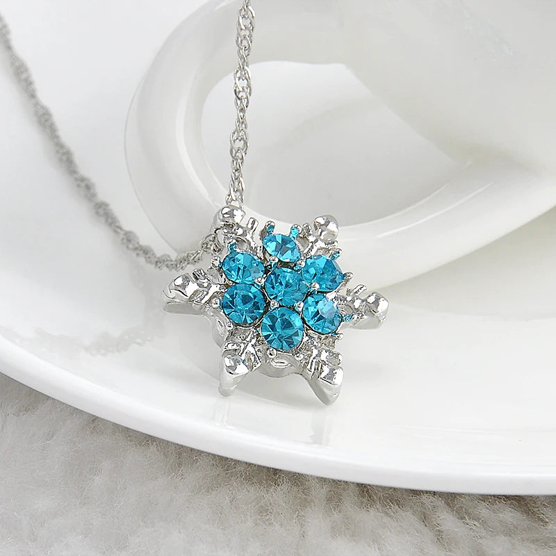 Charm Vintage lady Blue Crystal Snowflake Zircon Flower Silver Necklaces & Pendants Jewelry gift for Women girls Wholesale