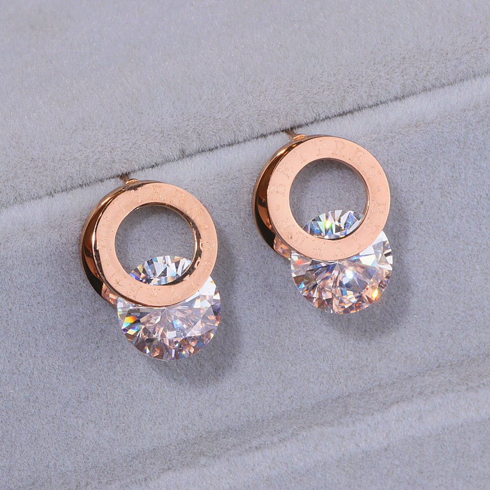 Trendy Shine AAA Zirconia Rose Gold-Color 316L Stainless Steel Stud Earrings Brincos For Women Fashion Jewelry Never Fade WX028