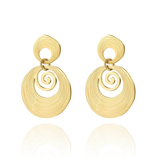 Fashion  Stainless Steel Gold Color Round Drop Dangle Earrings For Women Girl Hollow Geometric Ear Piercing Jewelry Party