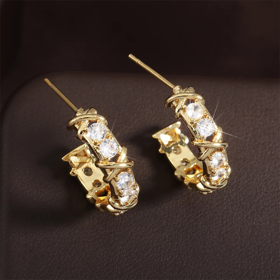 Vintage CC Design Hoop Earrings for Women Korean Fashion X Cross Zircon Earring Engagement Jewelry Gift