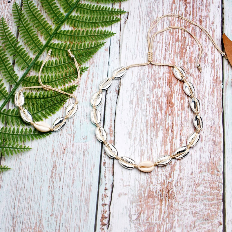 Puka Shell Necklace & Bracelet Set - Boho Beach Jewellery | Adjustable Choker Gift for Women