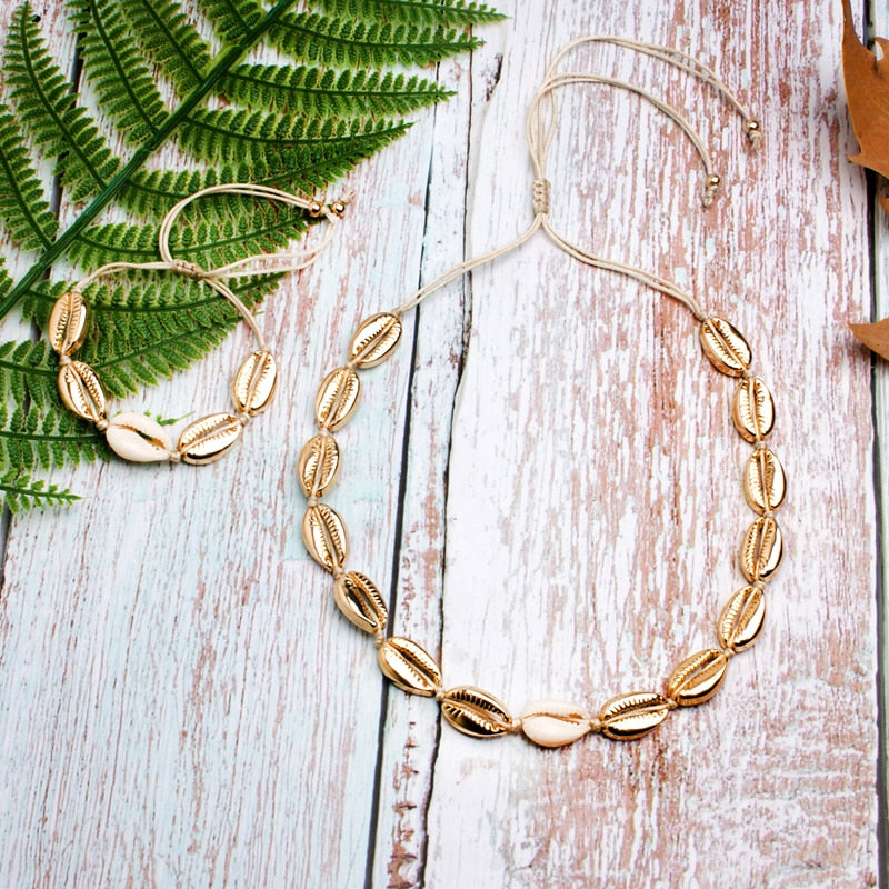 Puka Shell Necklace & Bracelet Set - Boho Beach Jewellery | Adjustable Choker Gift for Women