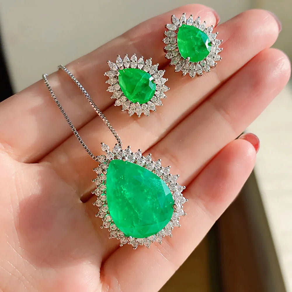 Paraiba Tourmaline Blue and Green  Emerald Stone infusion Pendant Necklace Stud Earrings Lab Diamond Chains Jewelry Set Beautiful Gift for Women