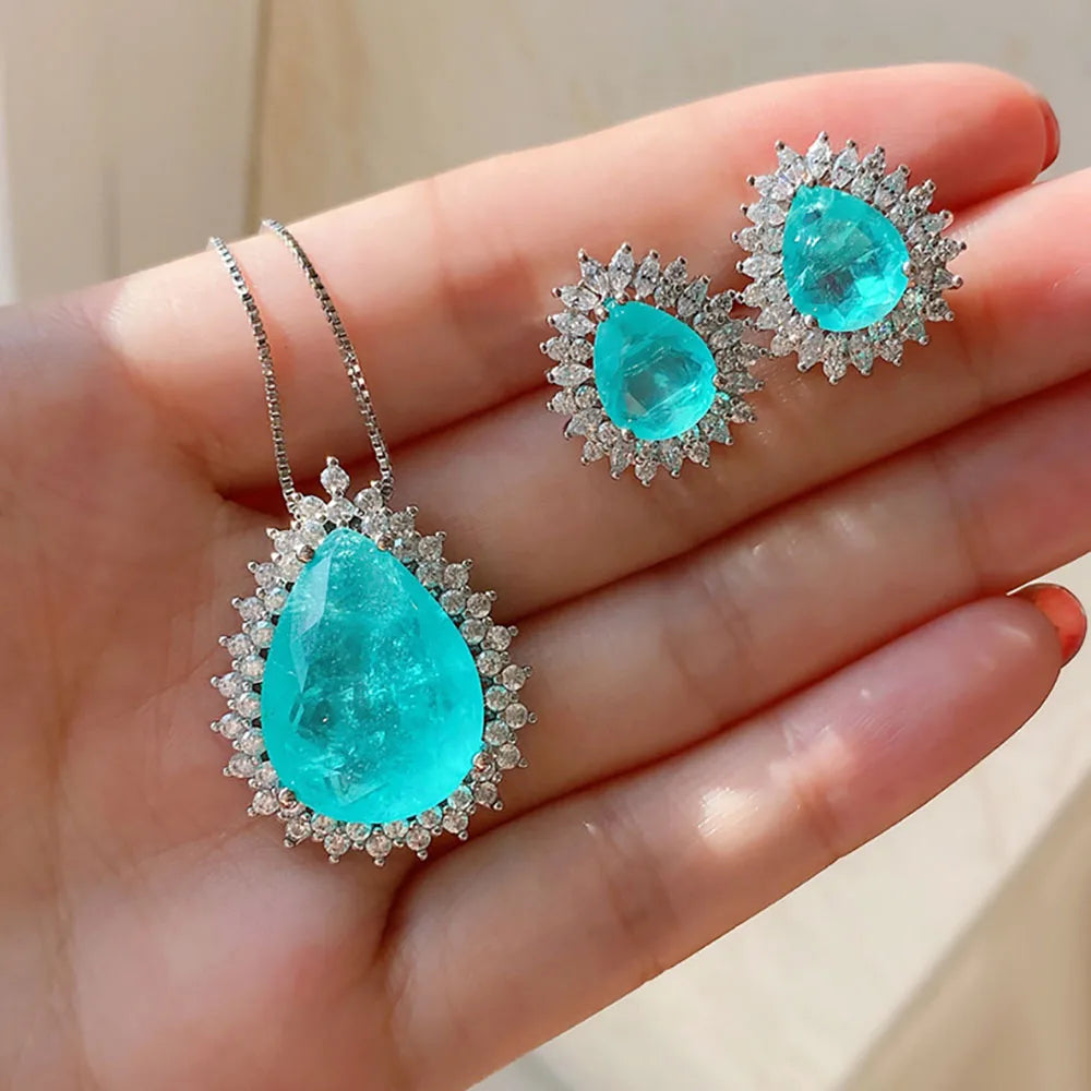 Paraiba Tourmaline Blue and Green  Emerald Stone infusion Pendant Necklace Stud Earrings Lab Diamond Chains Jewelry Set Beautiful Gift for Women