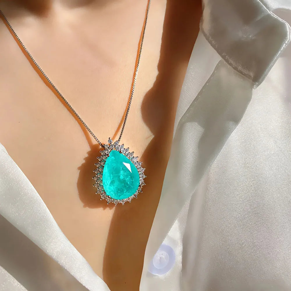 Paraiba Tourmaline Blue and Green  Emerald Stone infusion Pendant Necklace Stud Earrings Lab Diamond Chains Jewelry Set Beautiful Gift for Women