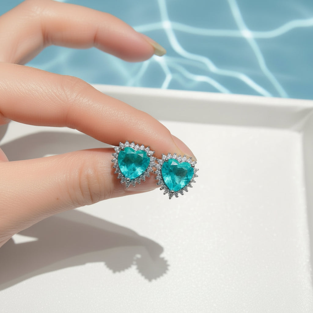 Frozen Princess Heart Paraiba Tourmaline Jewellery Set – Cracked Ice Crystal Pendant Necklace & Earrings