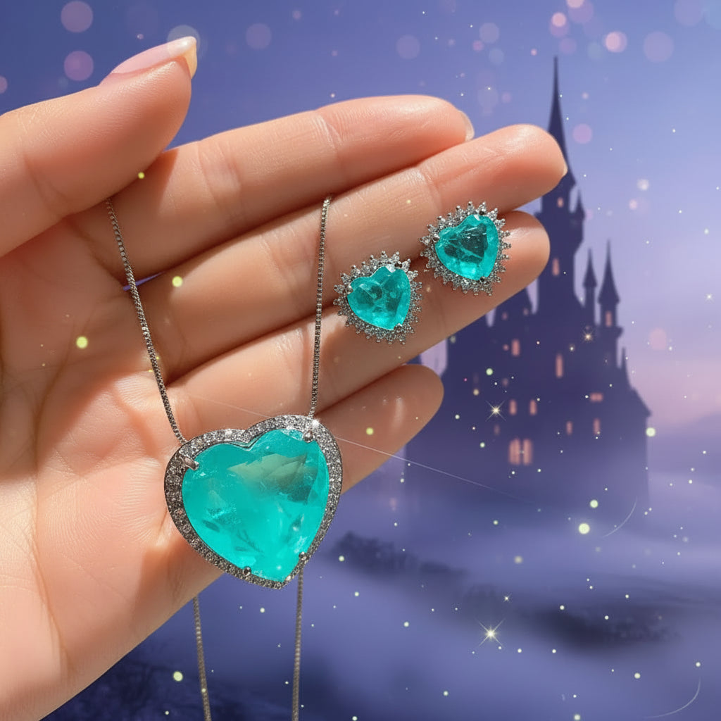 Frozen Princess Heart Paraiba Tourmaline Jewellery Set – Cracked Ice Crystal Pendant Necklace & Earrings