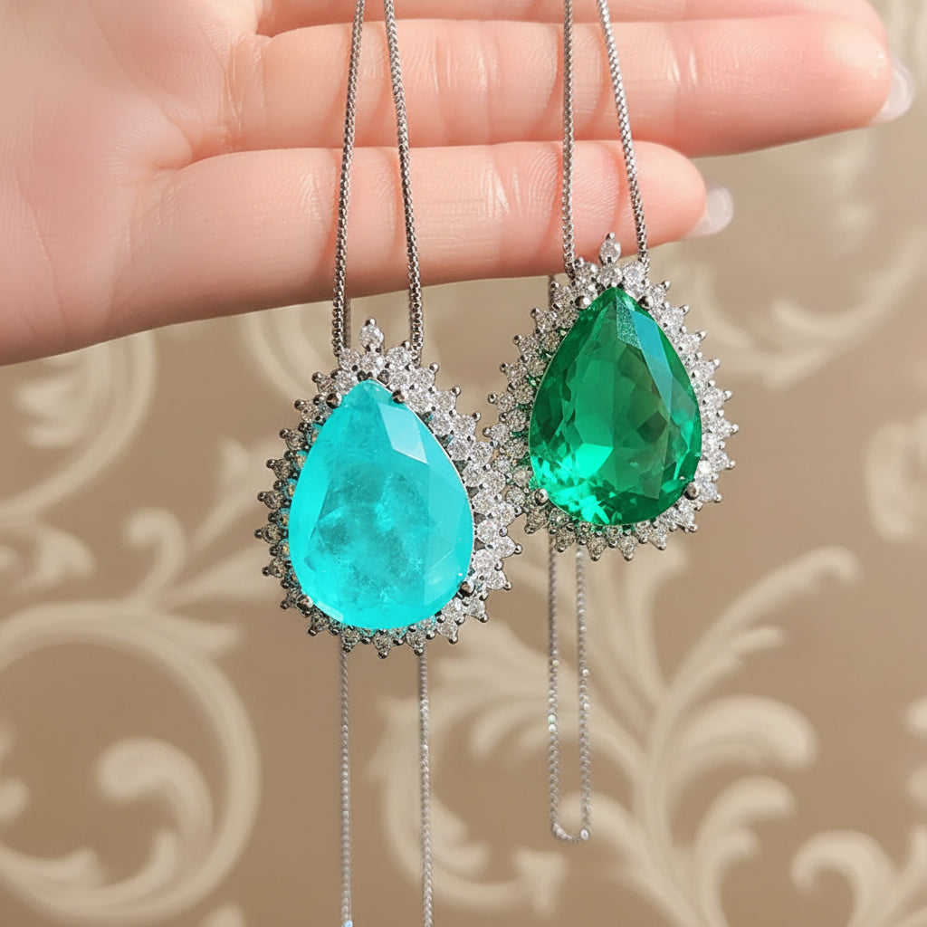 Paraiba Tourmaline Blue and Green  Emerald Stone infusion Pendant Necklace Stud Earrings Lab Diamond Chains Jewelry Set Beautiful Gift for Women
