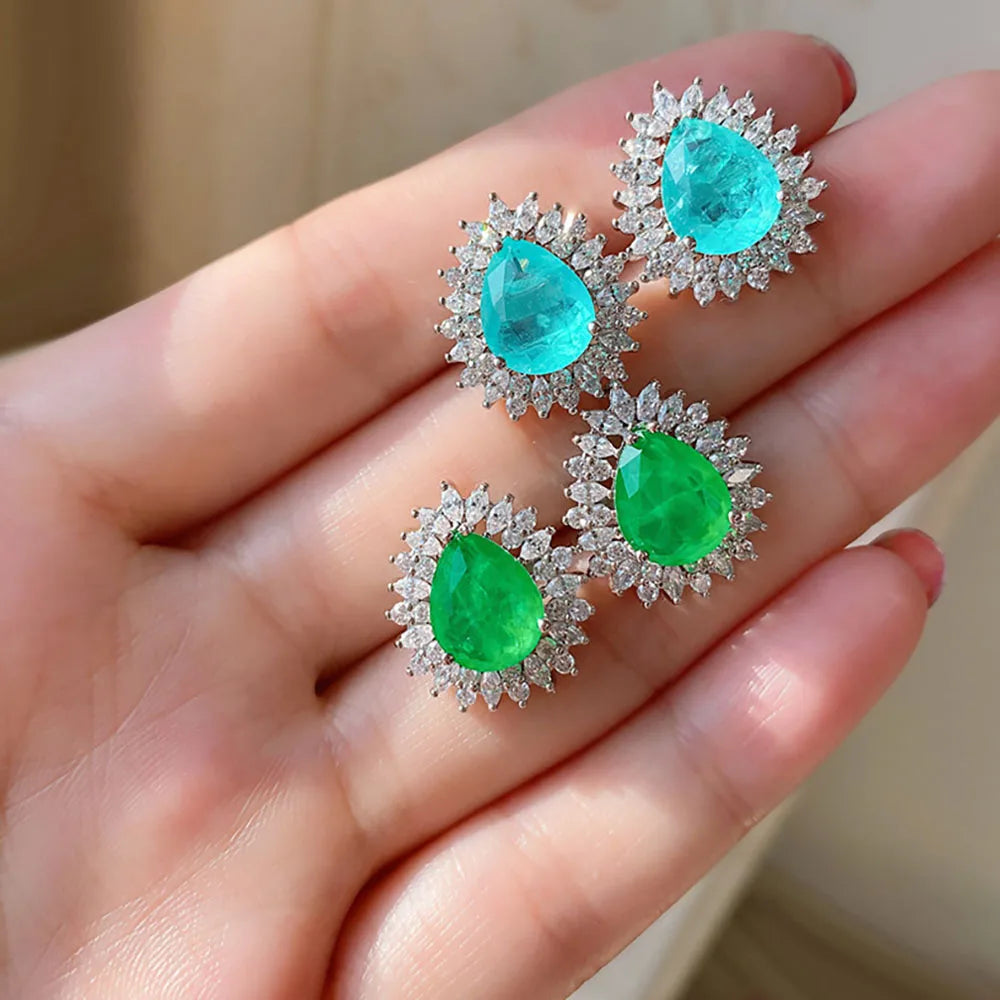 Paraiba Tourmaline Blue and Green  Emerald Stone infusion Pendant Necklace Stud Earrings Lab Diamond Chains Jewelry Set Beautiful Gift for Women