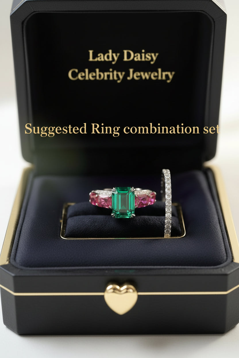 Ring set with green gemstone and pink stones in a black box labeled 'Suggested Ring combination set'.