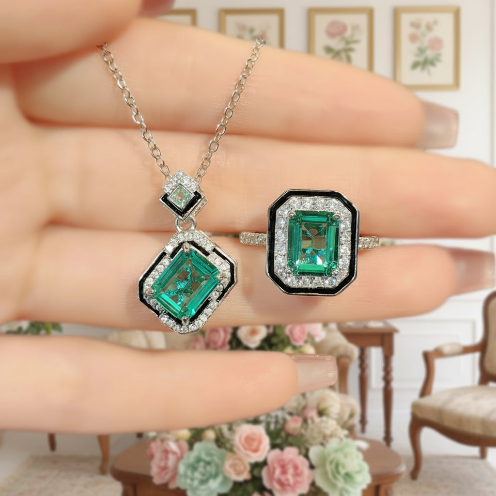 Vintage Paraiba Princess Cut Jewellery Set | 925 Silver Ring, Earrings & Necklace