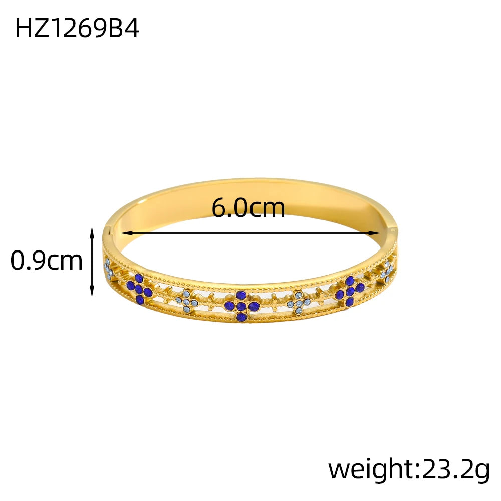 Luxury Bangles Popular Stainless Steel Trendy High Quality Inlaid With Full Zircon Gold Plated Clover Four-leaf Shape Bangles