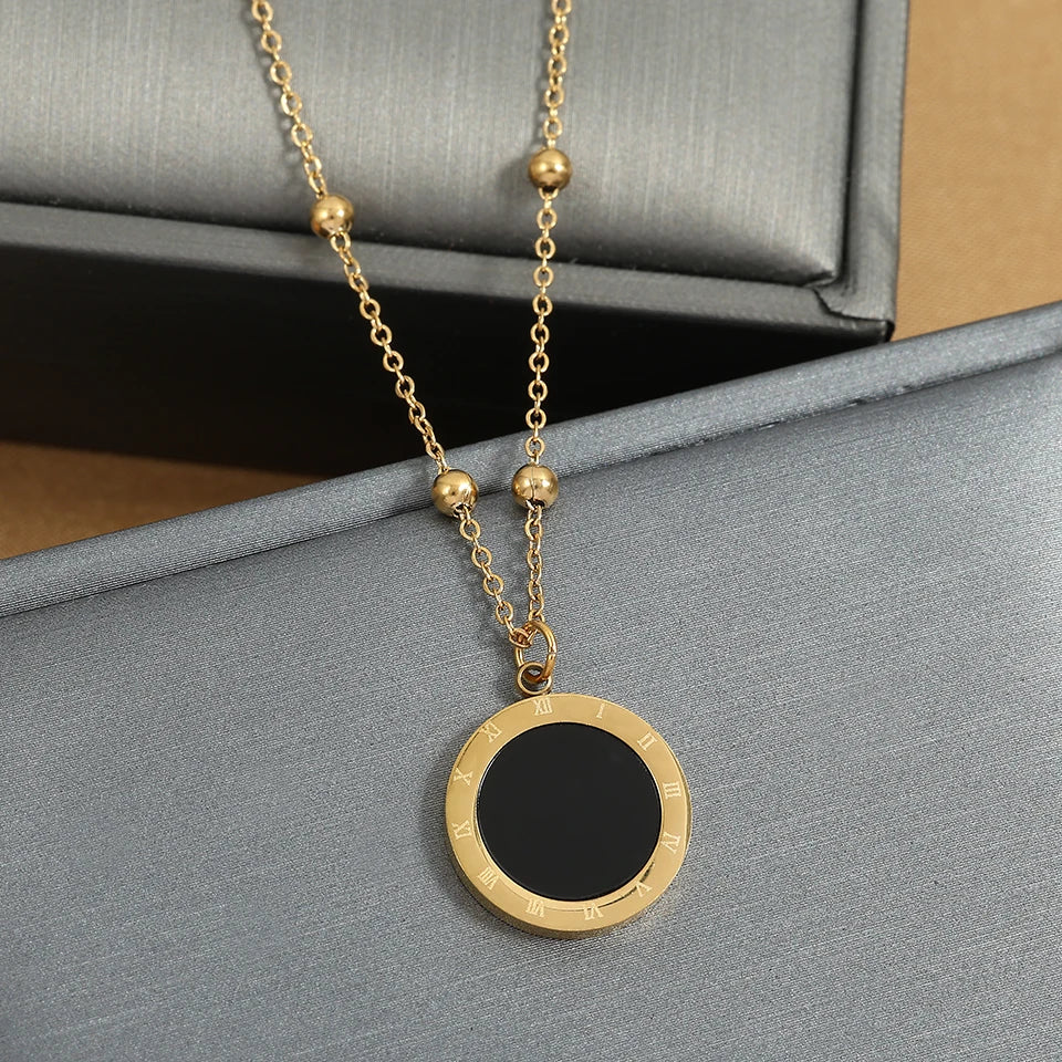 Roman Numeral Wafer Pendant Necklace | Stainless Steel Choker for Women