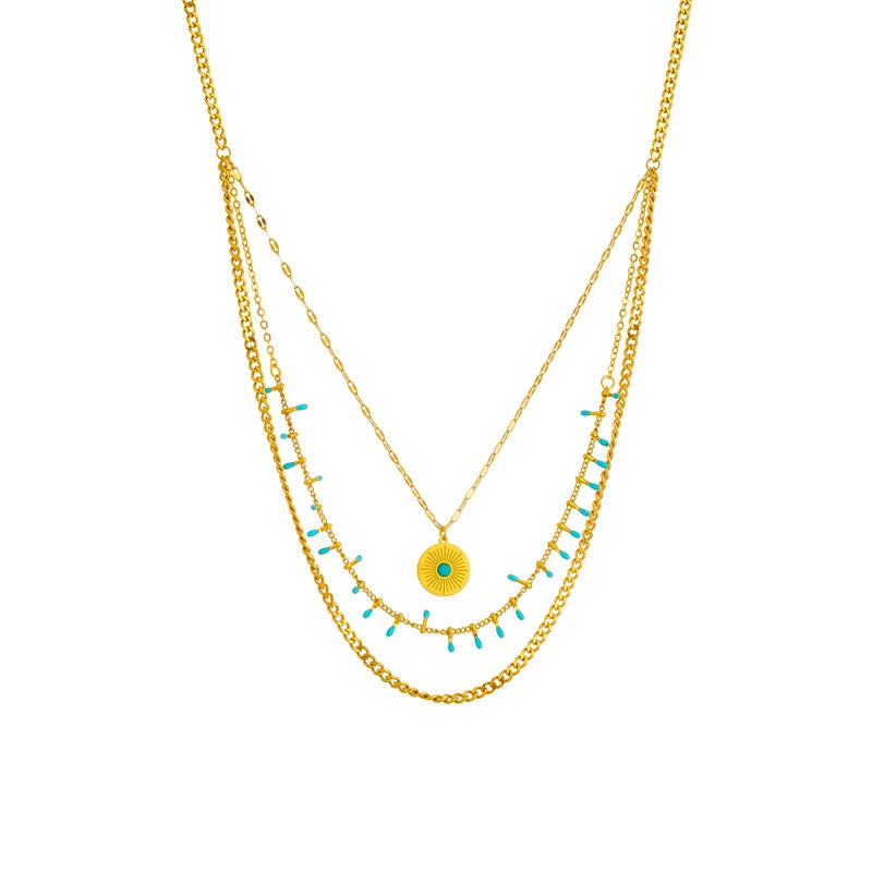 Cleopatra 316L Stainless Steel Golden Necklace – Triple Chain Circle Pendant for Women