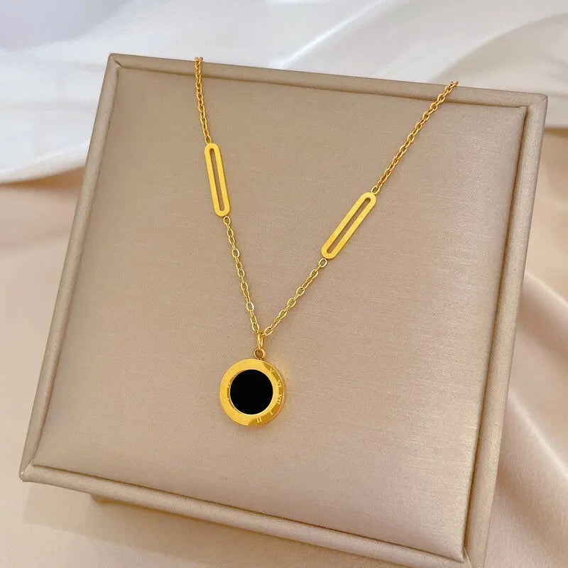 Roman Numeral Wafer Pendant Necklace | Stainless Steel Choker for Women