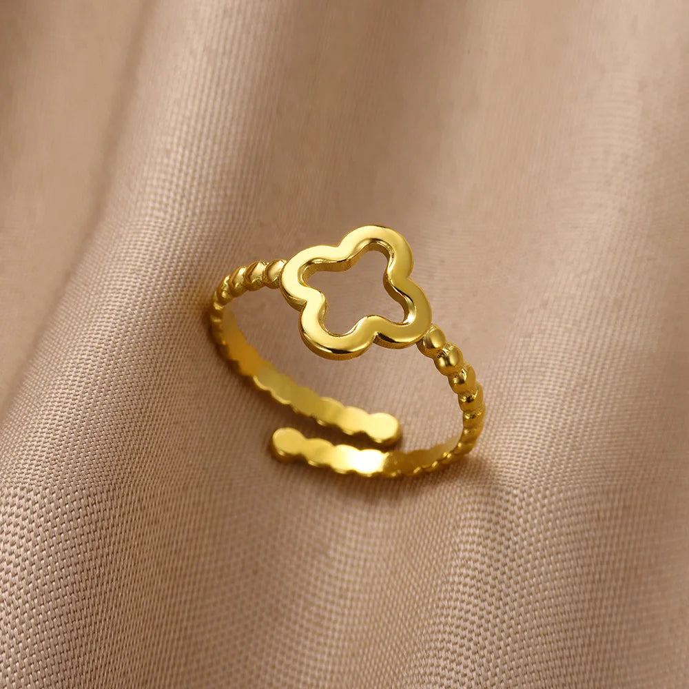 Minimalist Four Leaf Clover Stainless Steel Open Rings for Women Gold Color Aesthetic Wedding Couple Ring Jewelry Accessories