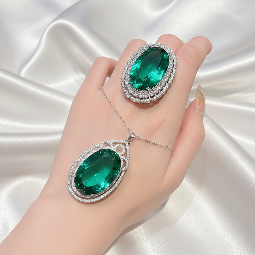 Royal Queen Inspired Emerald Jewelry Set – 12 Carat Lab Emerald Crystal Ring & Necklace | 925 Silver