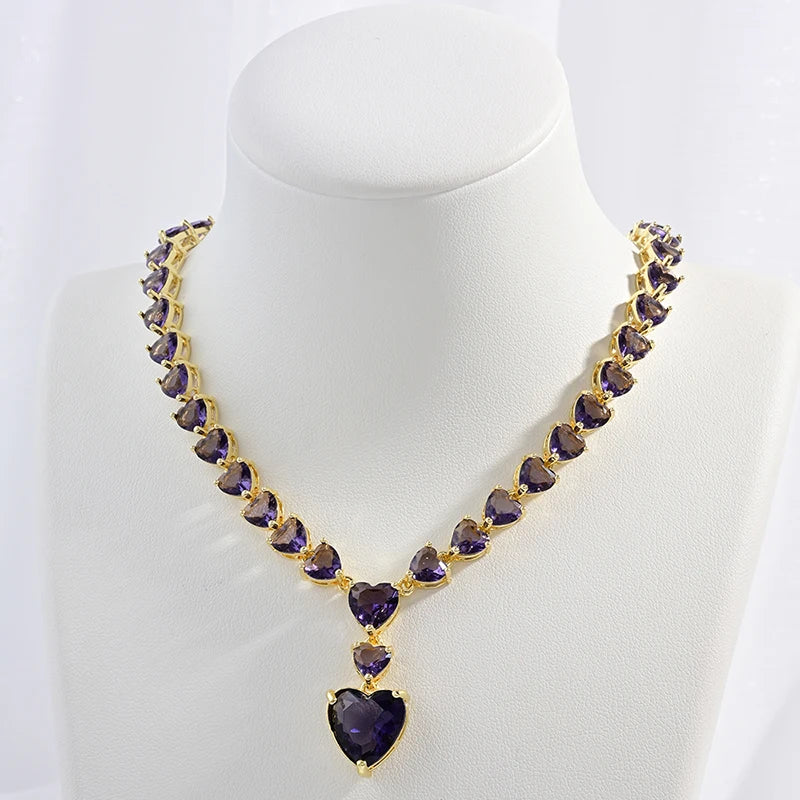 18K Gold-Plated Gemstone Heart Necklace & Bracelet Set