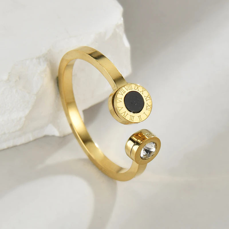 Roman Numeral Adjustable Gold Zircon Band Ring