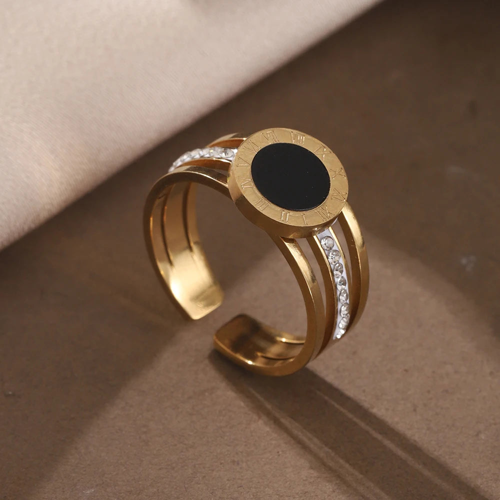 Gold Geometric Ring - Stainless Steel Rhinestone Open Ring | Adjustable Statement Jewellery