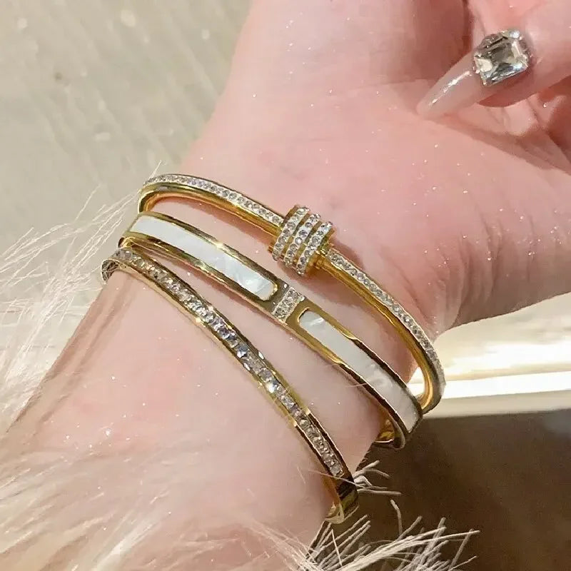 ✨ Luxury Gold Zircon Bangle - Classic Stainless Steel Bracelet for Women